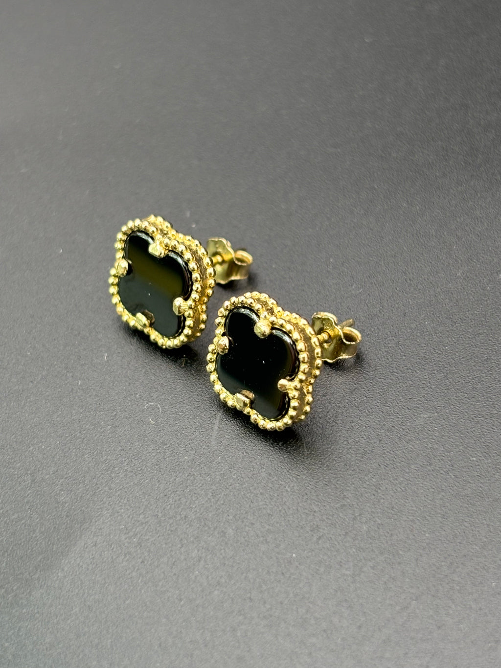 14k Solid Gold Earrings Black Flower