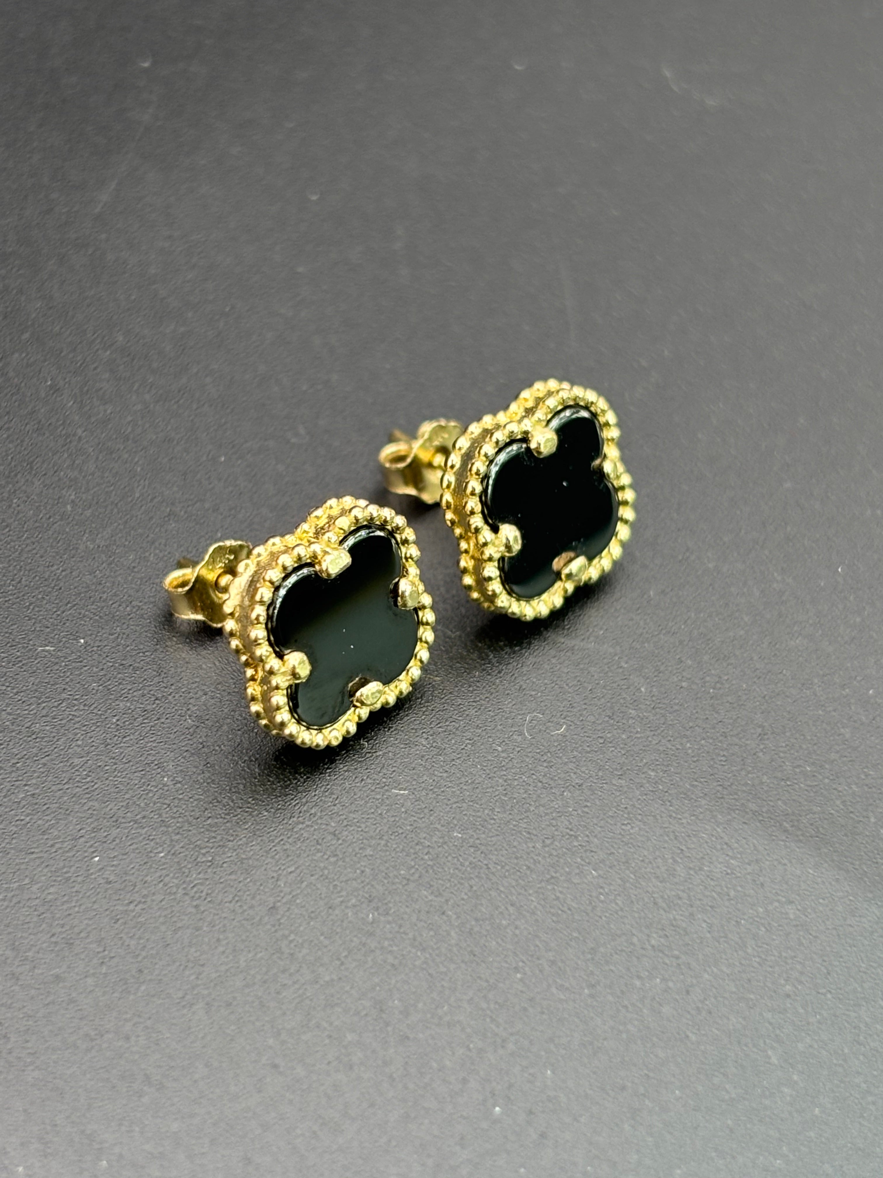 14k Solid Gold Earrings Black Flower