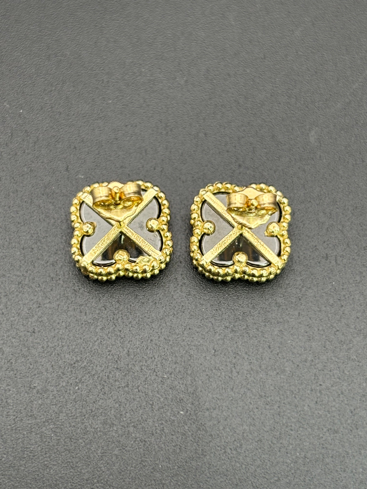 14k Solid Gold Earrings Black Flower