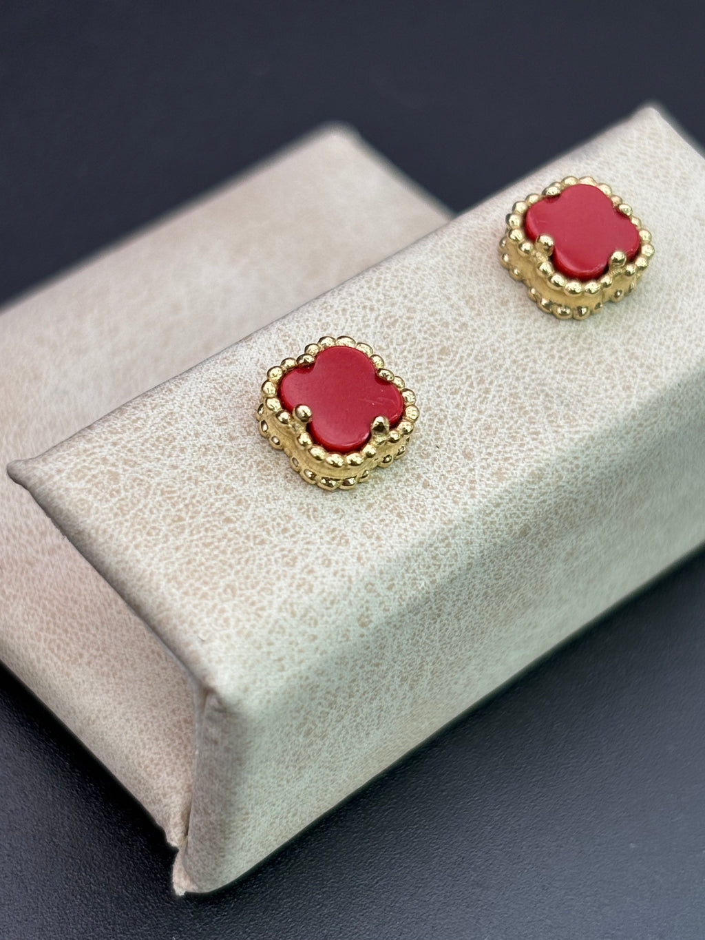 14k Solid Gold Earrings Red Flower