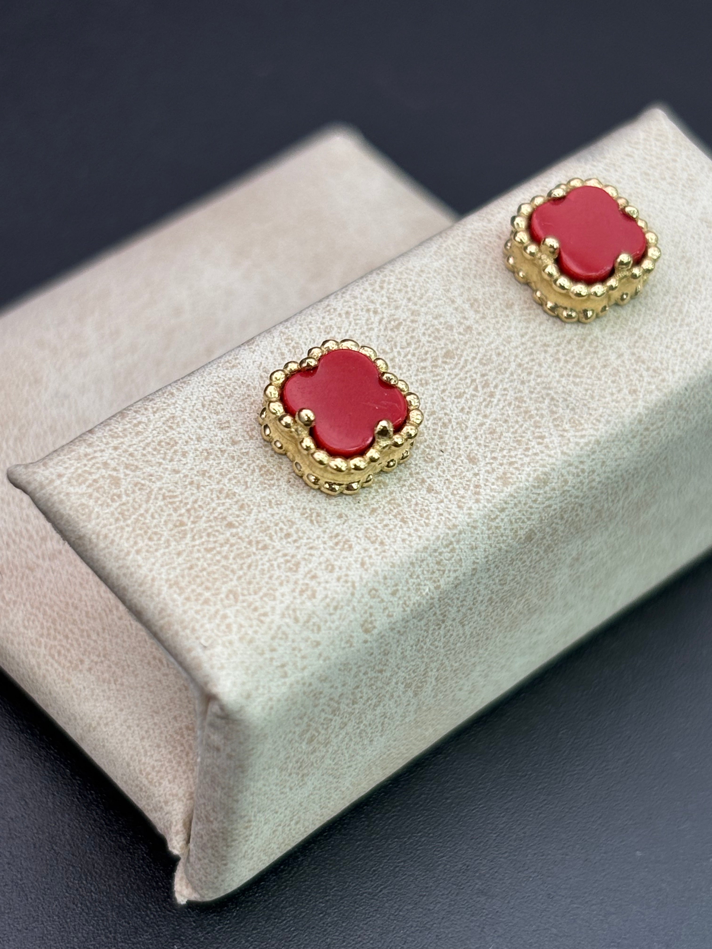 14k Solid Gold Earrings Red Flower