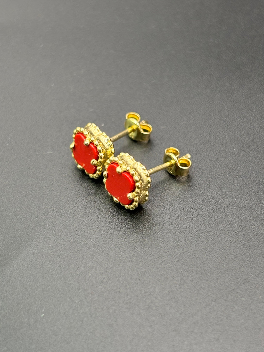 14k Solid Gold Earrings Red Flower