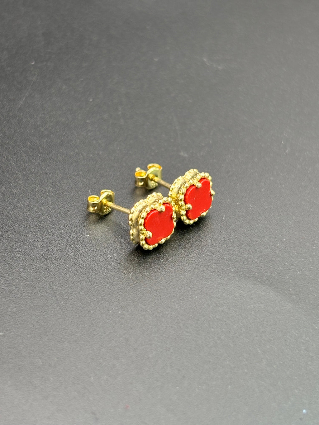 14k Solid Gold Earrings Red Flower