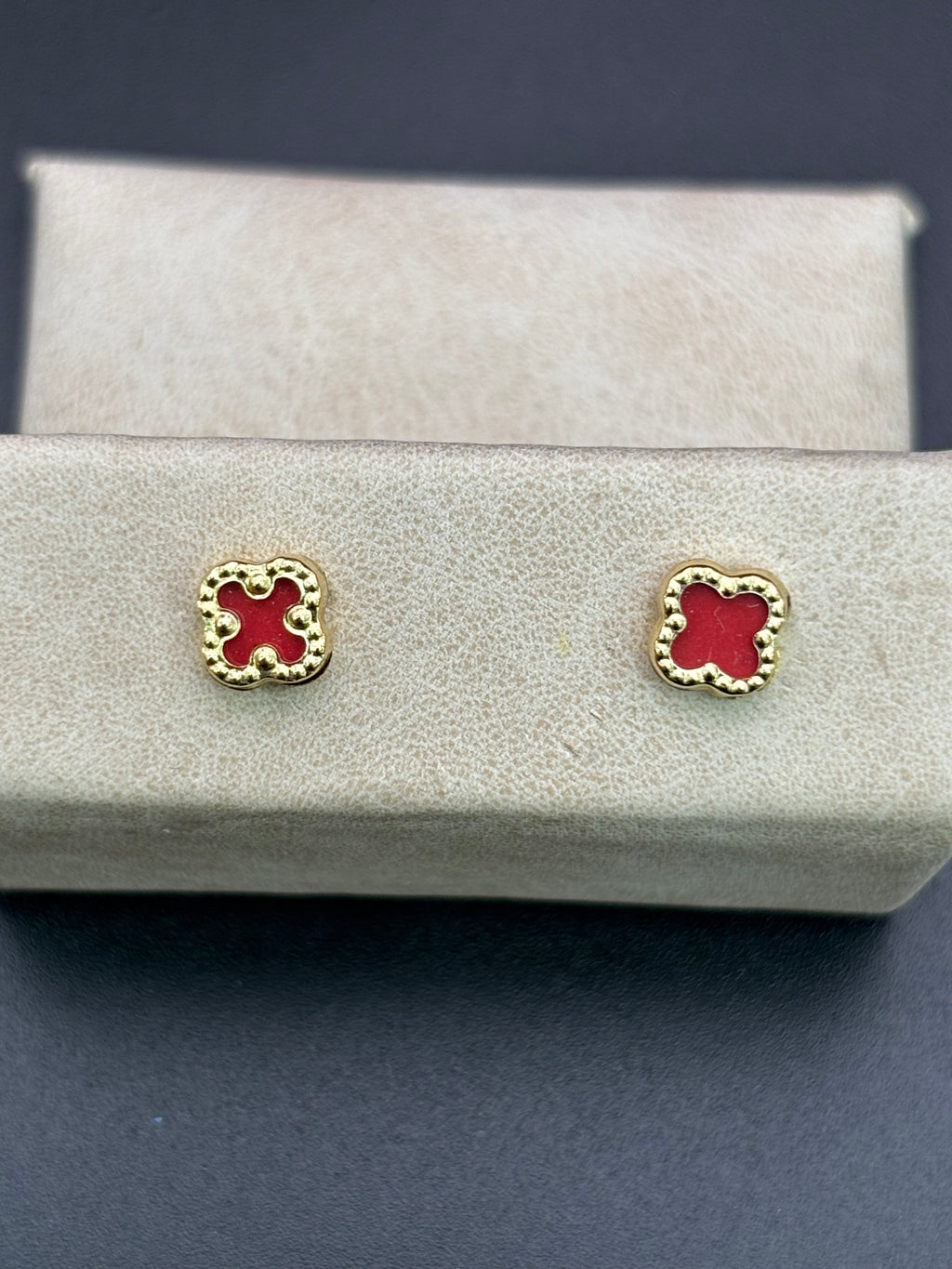 14k Solid Gold Earrings Red Flower