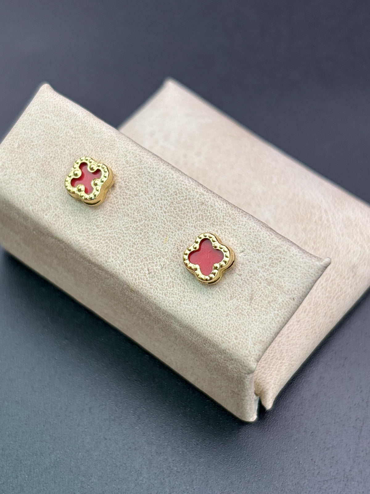 14k Solid Gold Earrings Red Flower
