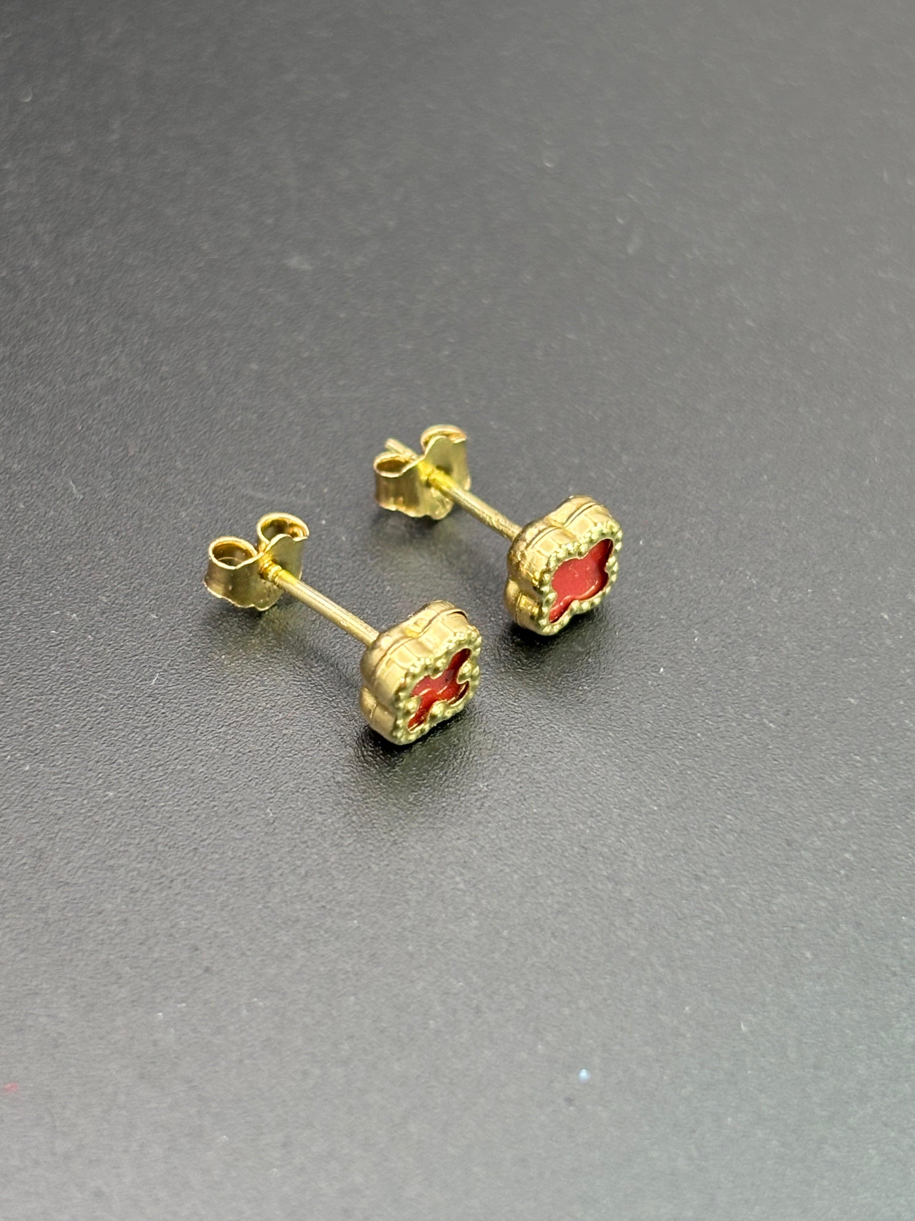 14k Solid Gold Earrings Red Flower