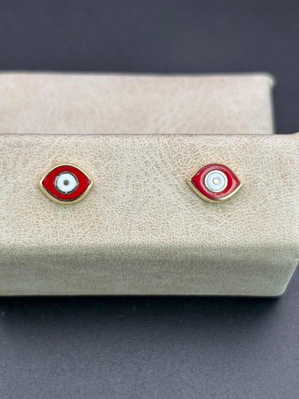 14k Solid Gold Earrings Evil Eye Red