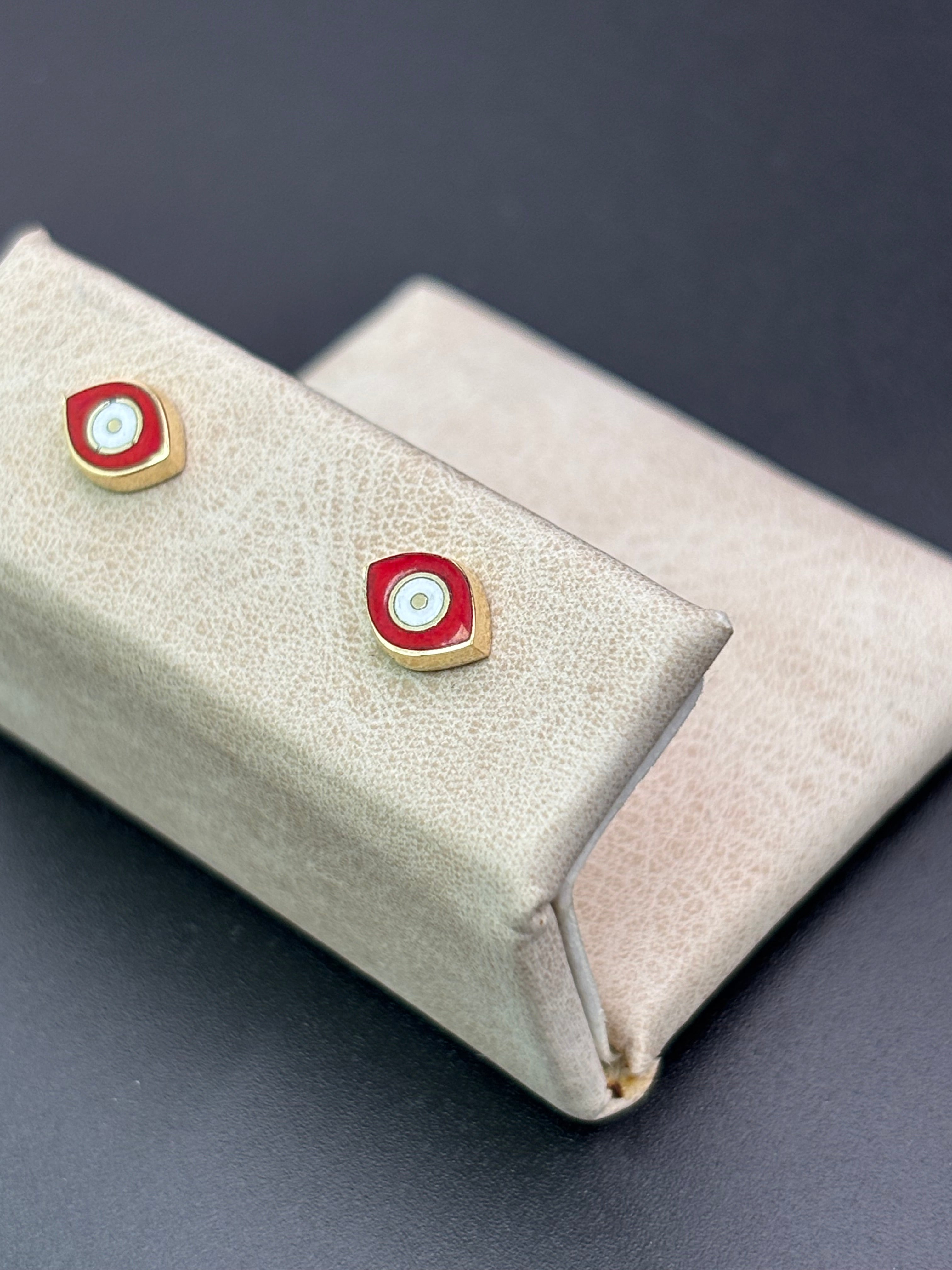 14k Solid Gold Earrings Evil Eye Red