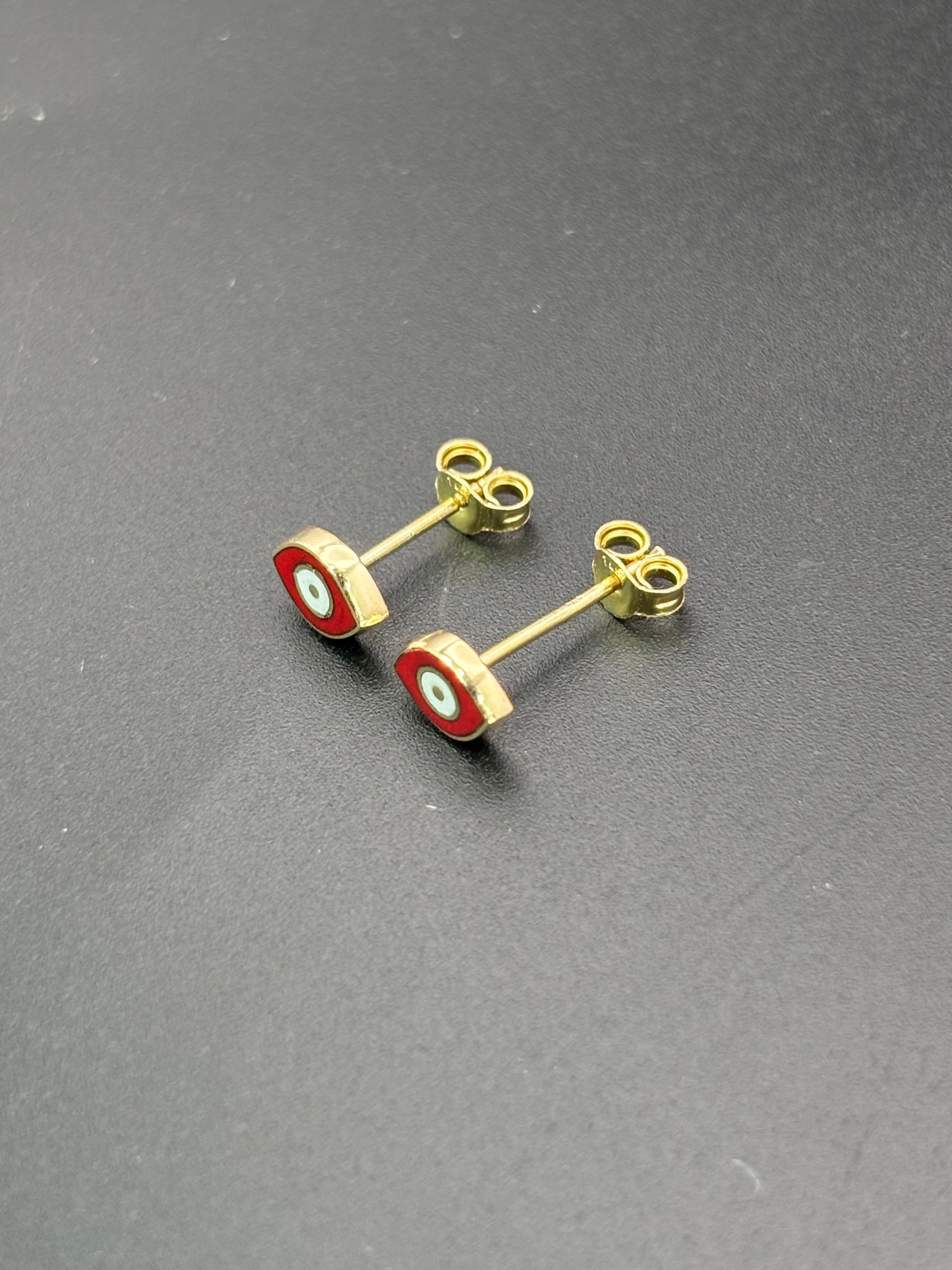 14k Solid Gold Earrings Evil Eye Red