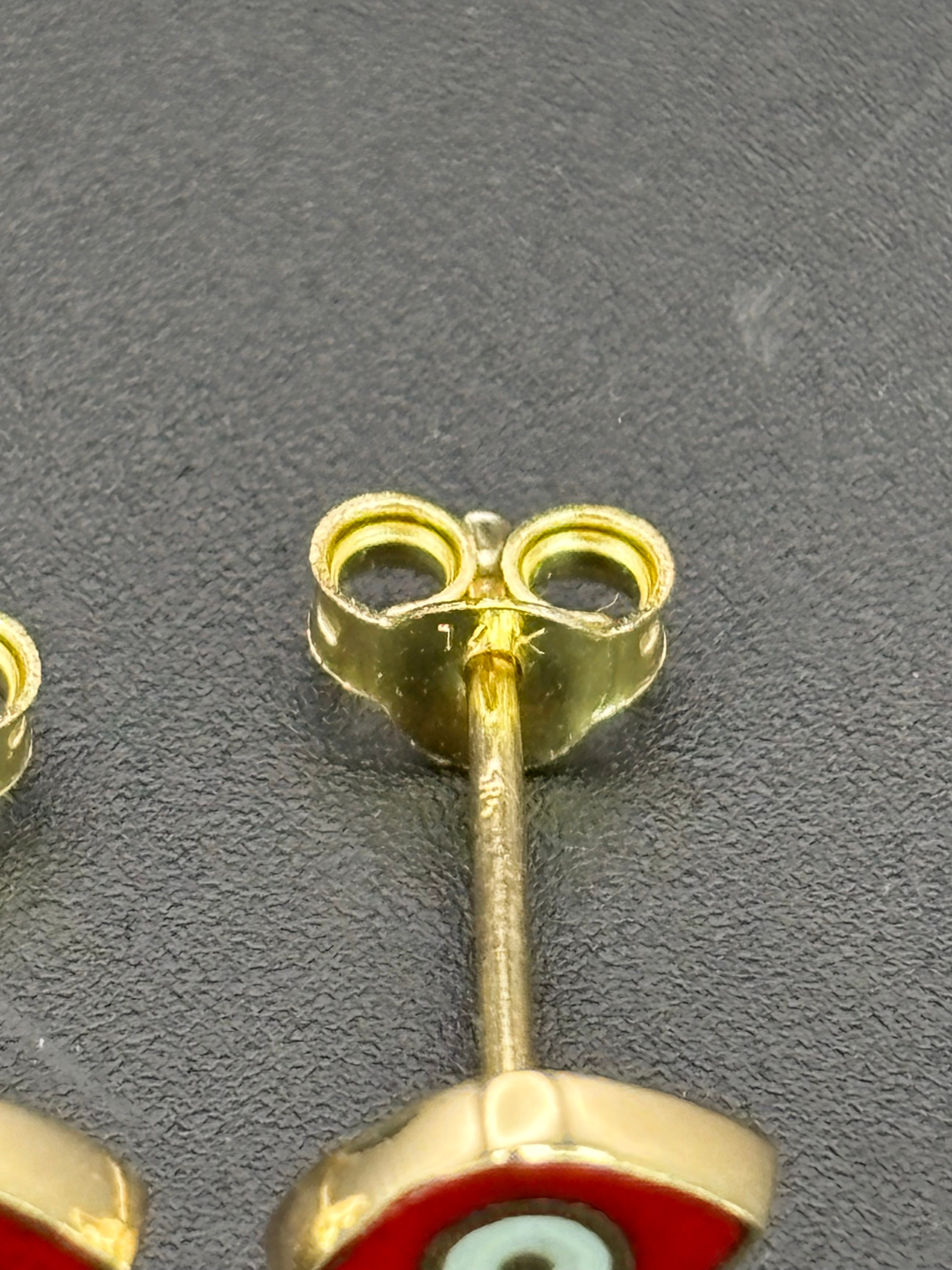 14k Solid Gold Earrings Evil Eye Red