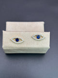 14k Solid Gold Earrings Evil Eye Blue