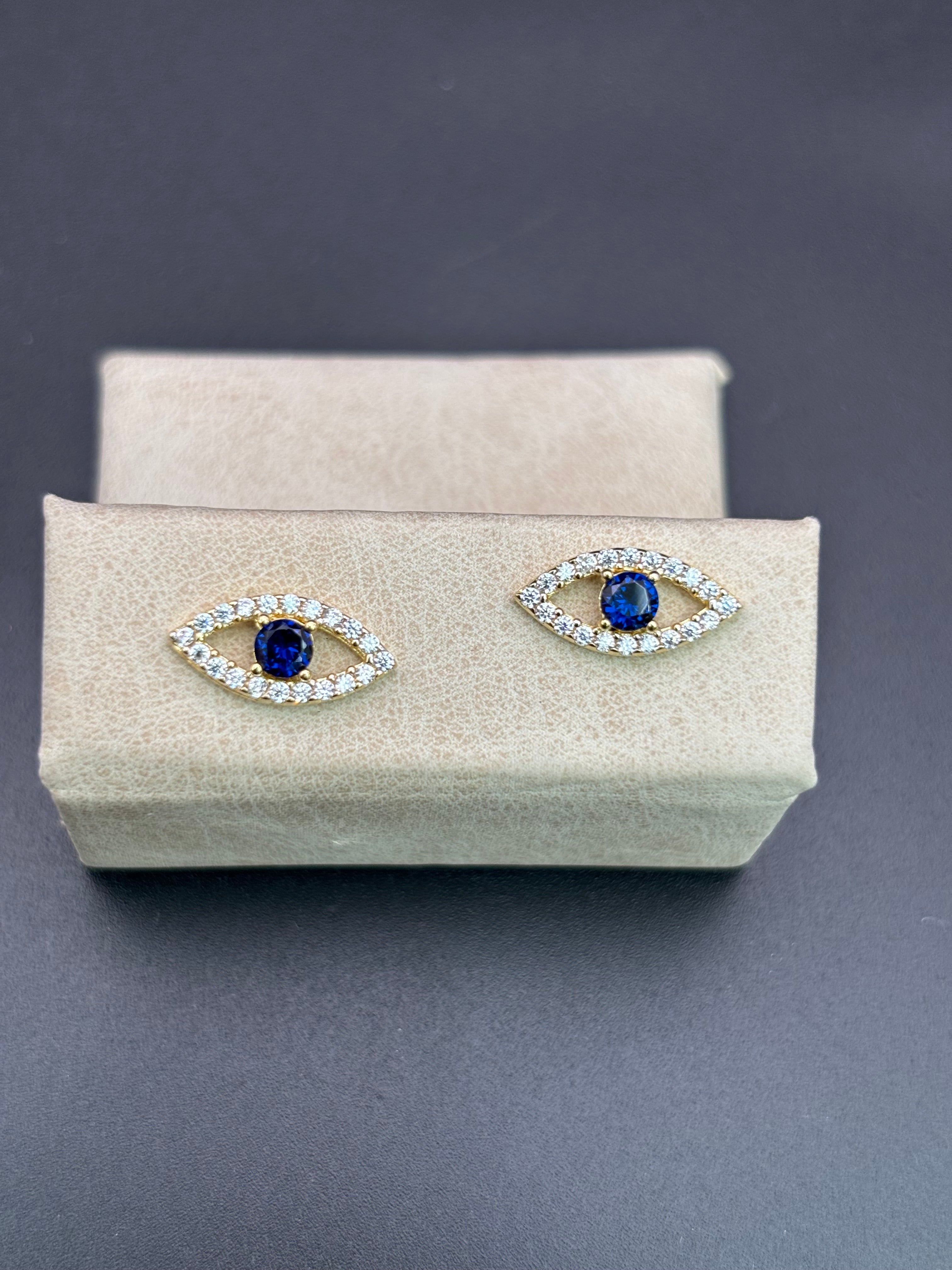 14k Solid Gold Earrings Evil Eye Blue