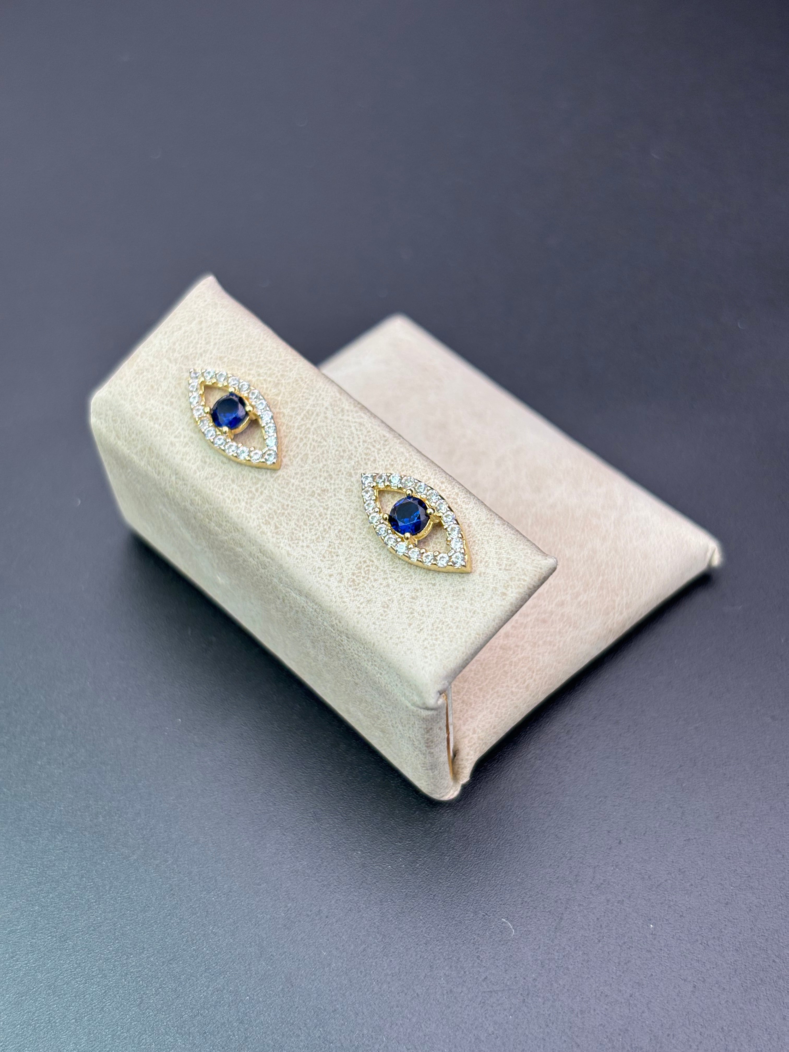 14k Solid Gold Earrings Evil Eye Blue