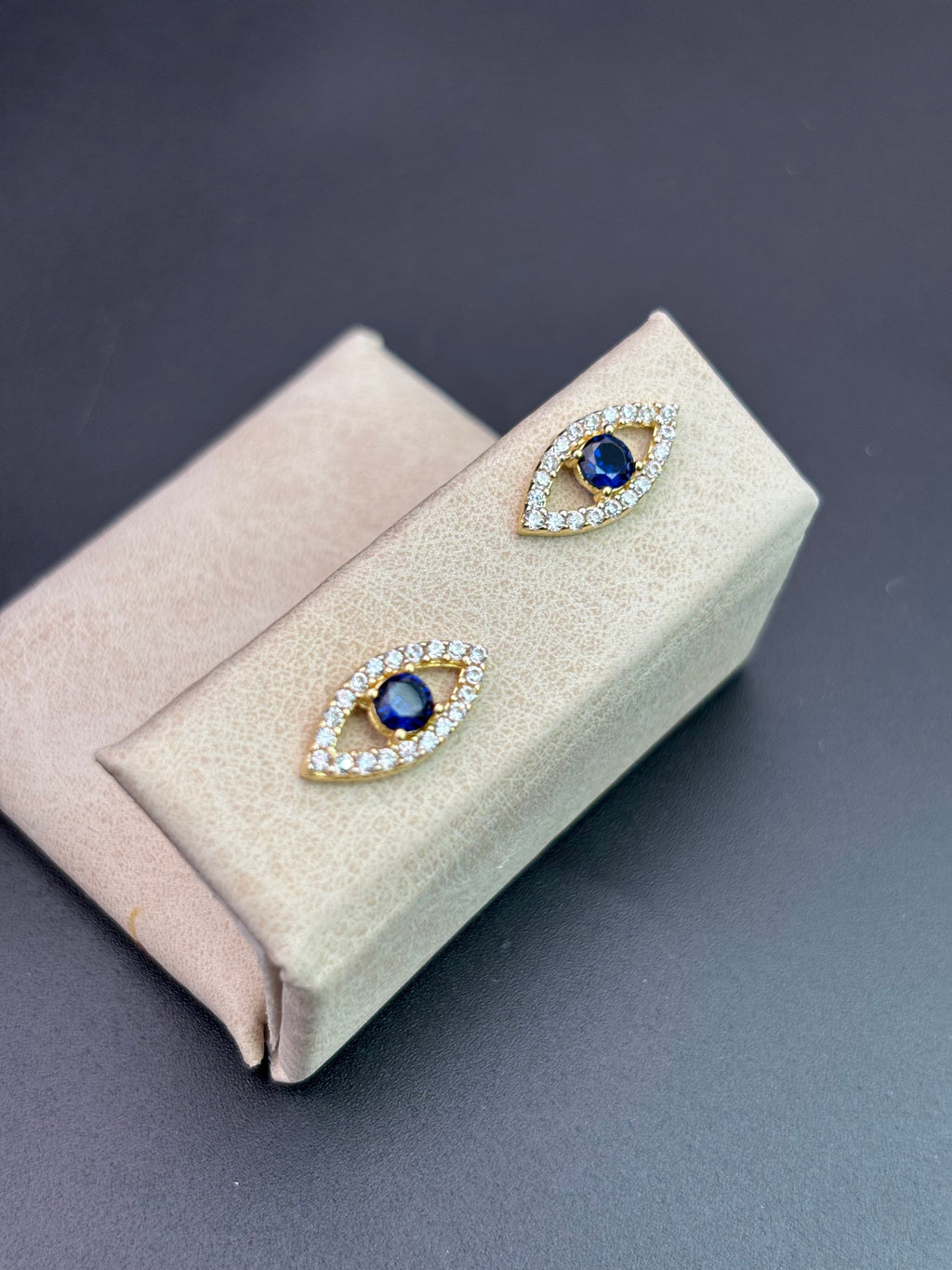 14k Solid Gold Earrings Evil Eye Blue