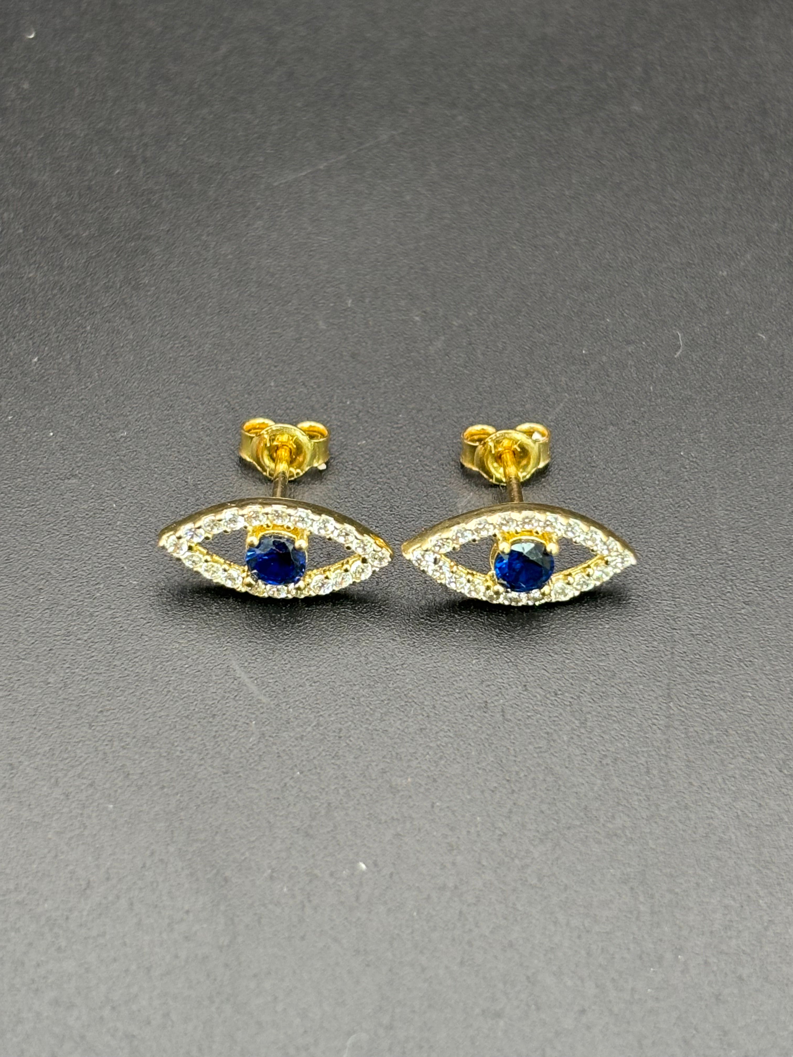 14k Solid Gold Earrings Evil Eye Blue