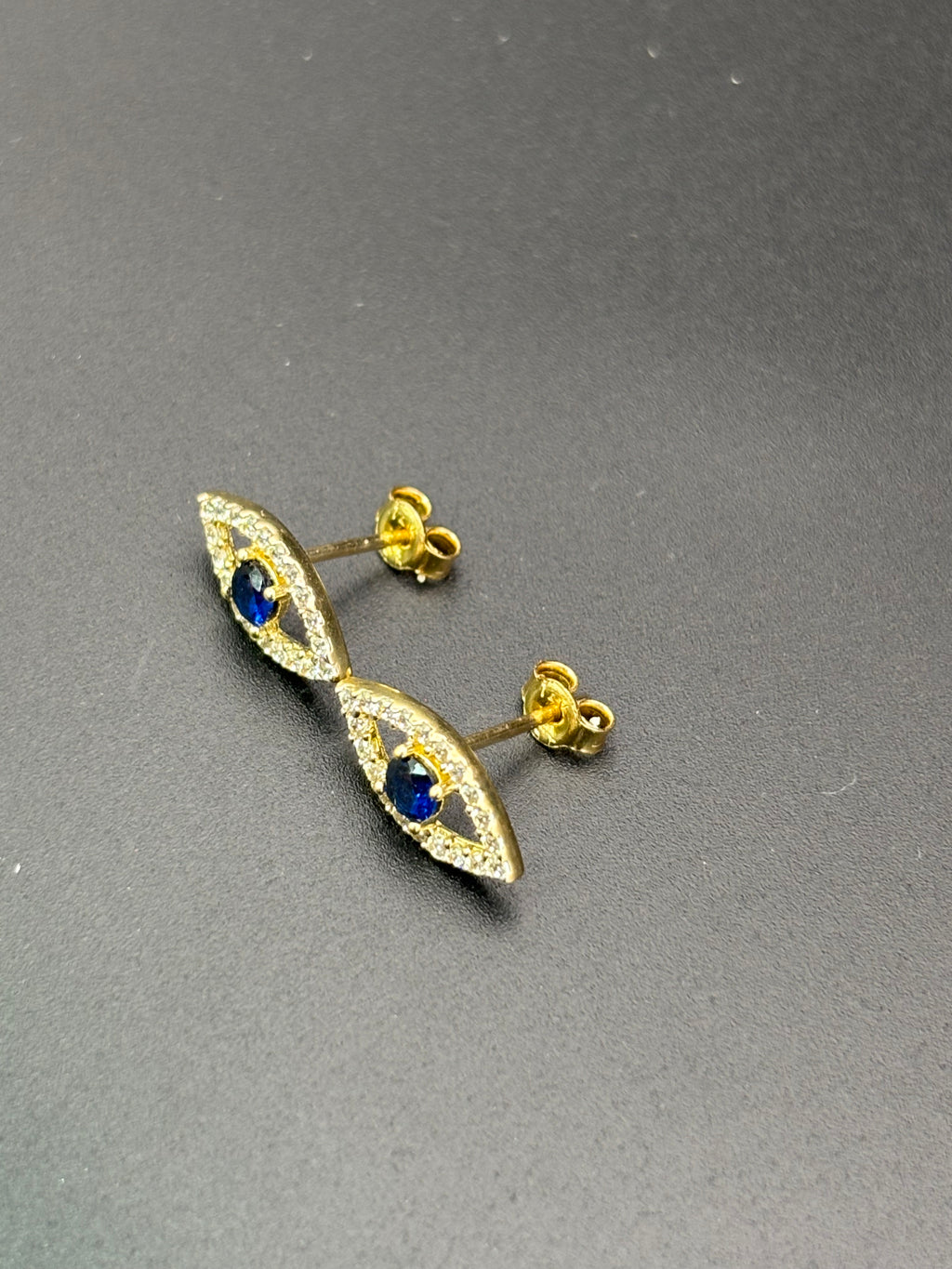 14k Solid Gold Earrings Evil Eye Blue