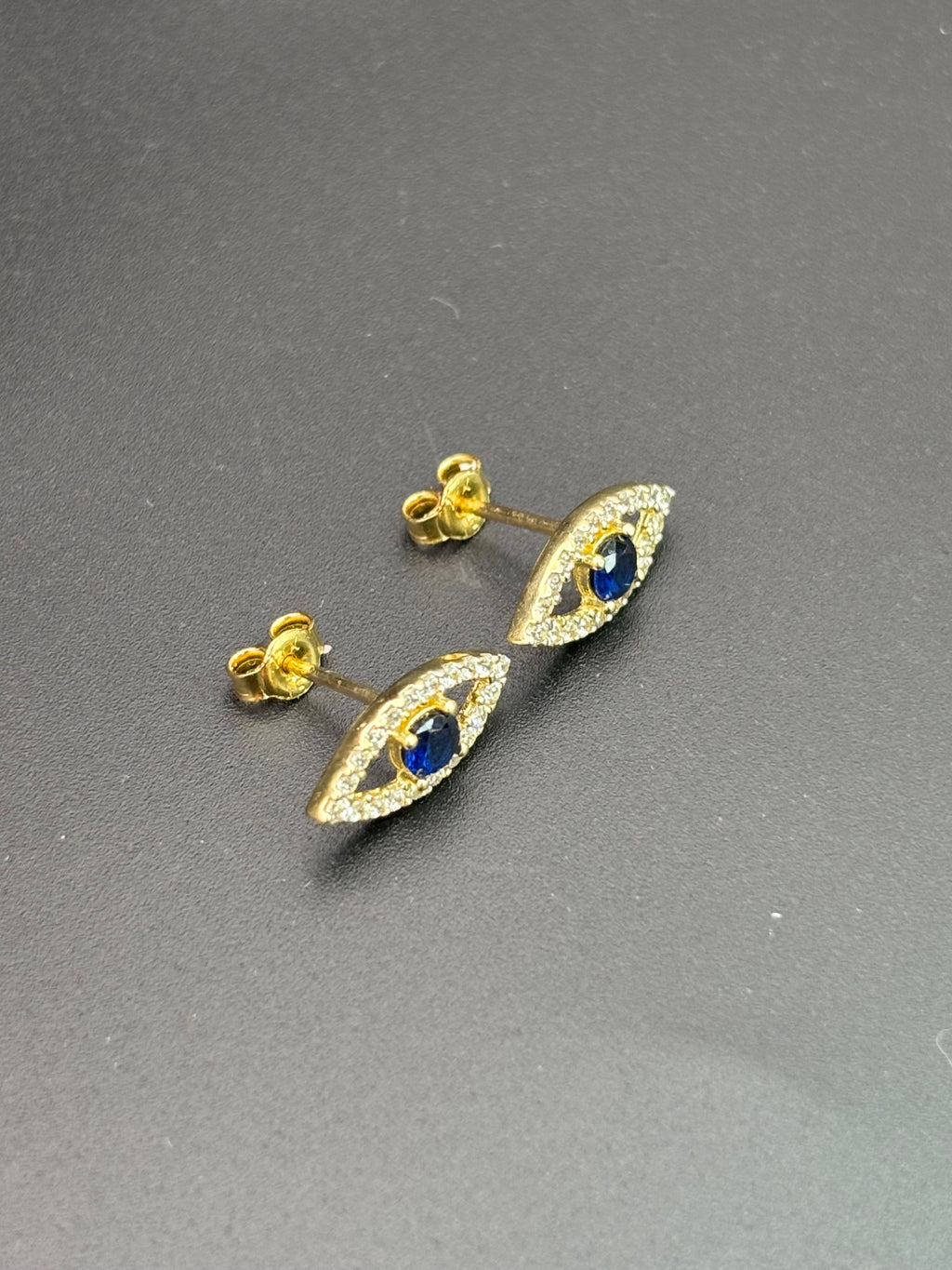 14k Solid Gold Earrings Evil Eye Blue