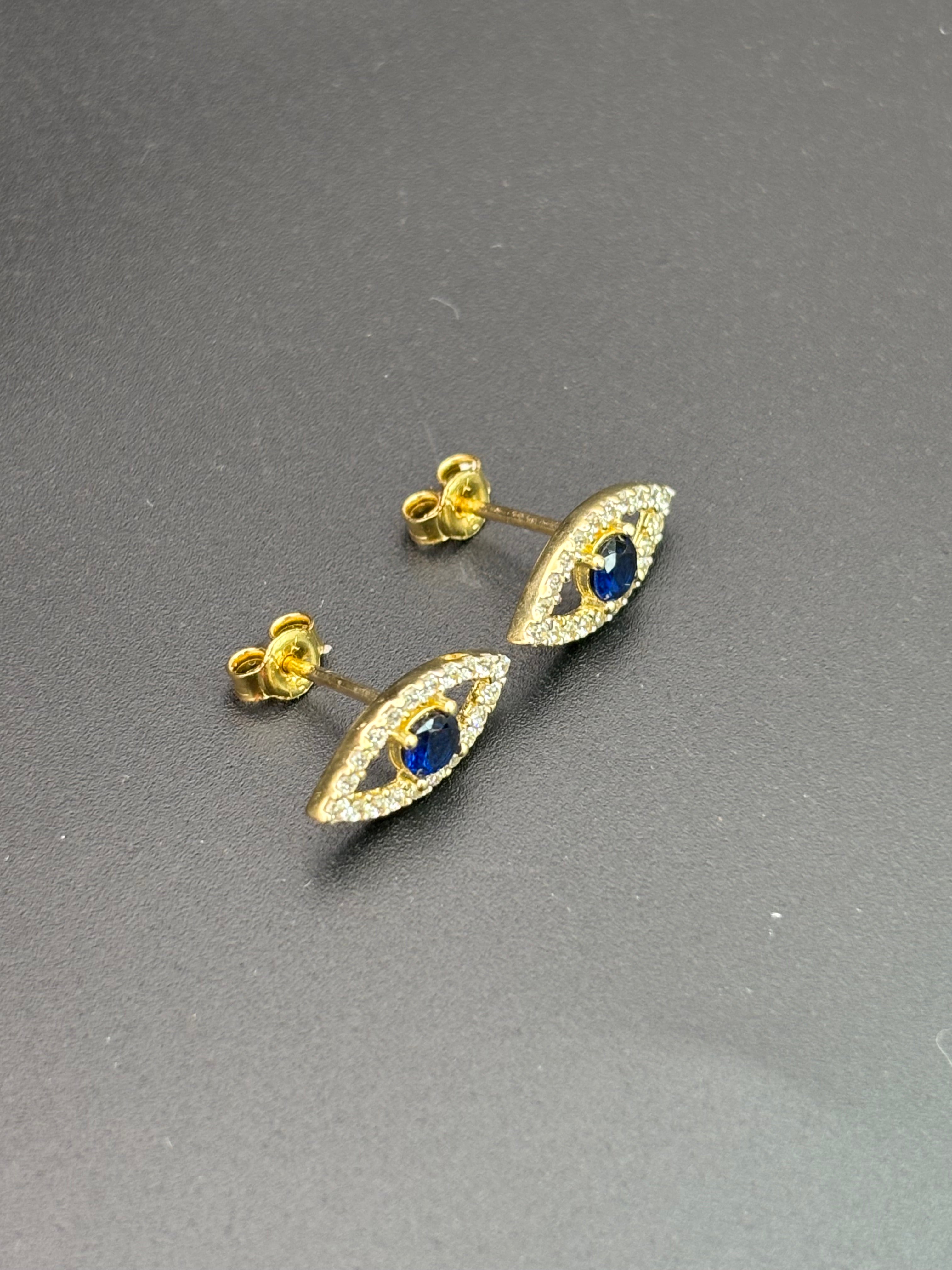 14k Solid Gold Earrings Evil Eye Blue