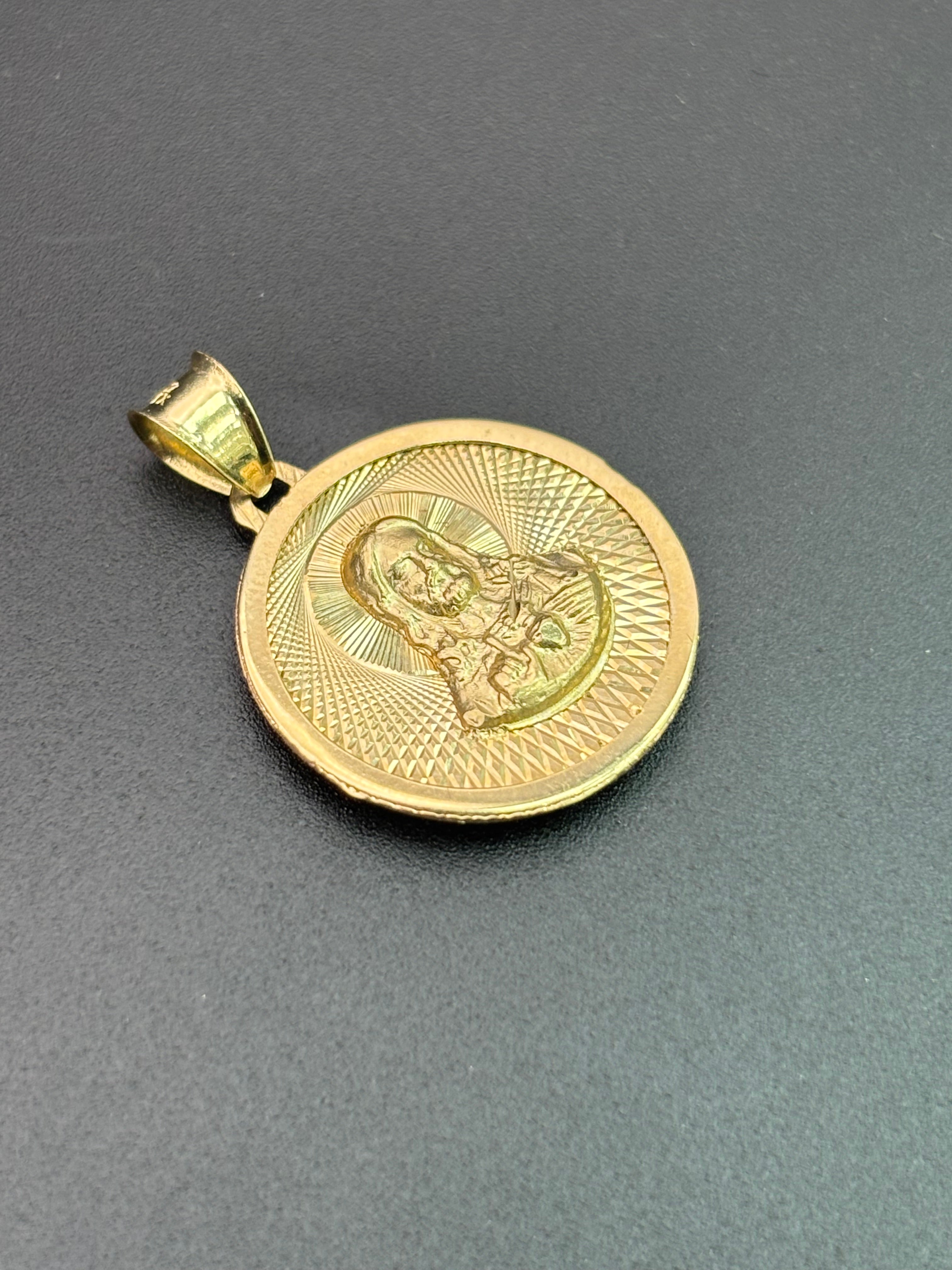 14k Solid Gold Pendant Jesus Heart Virgin Mary