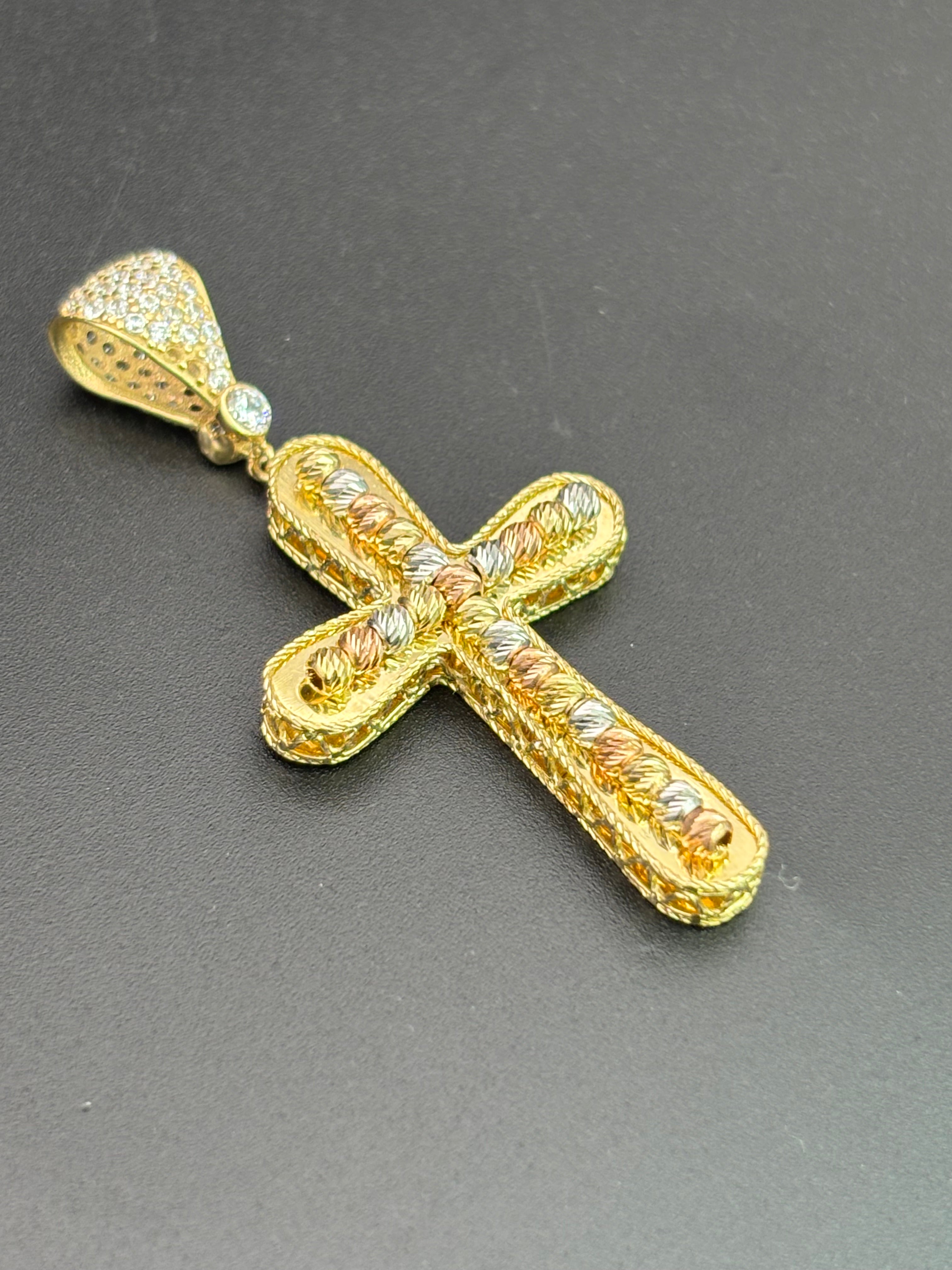 14k Solid Multi-tone Gold Jesus Cross Pendant